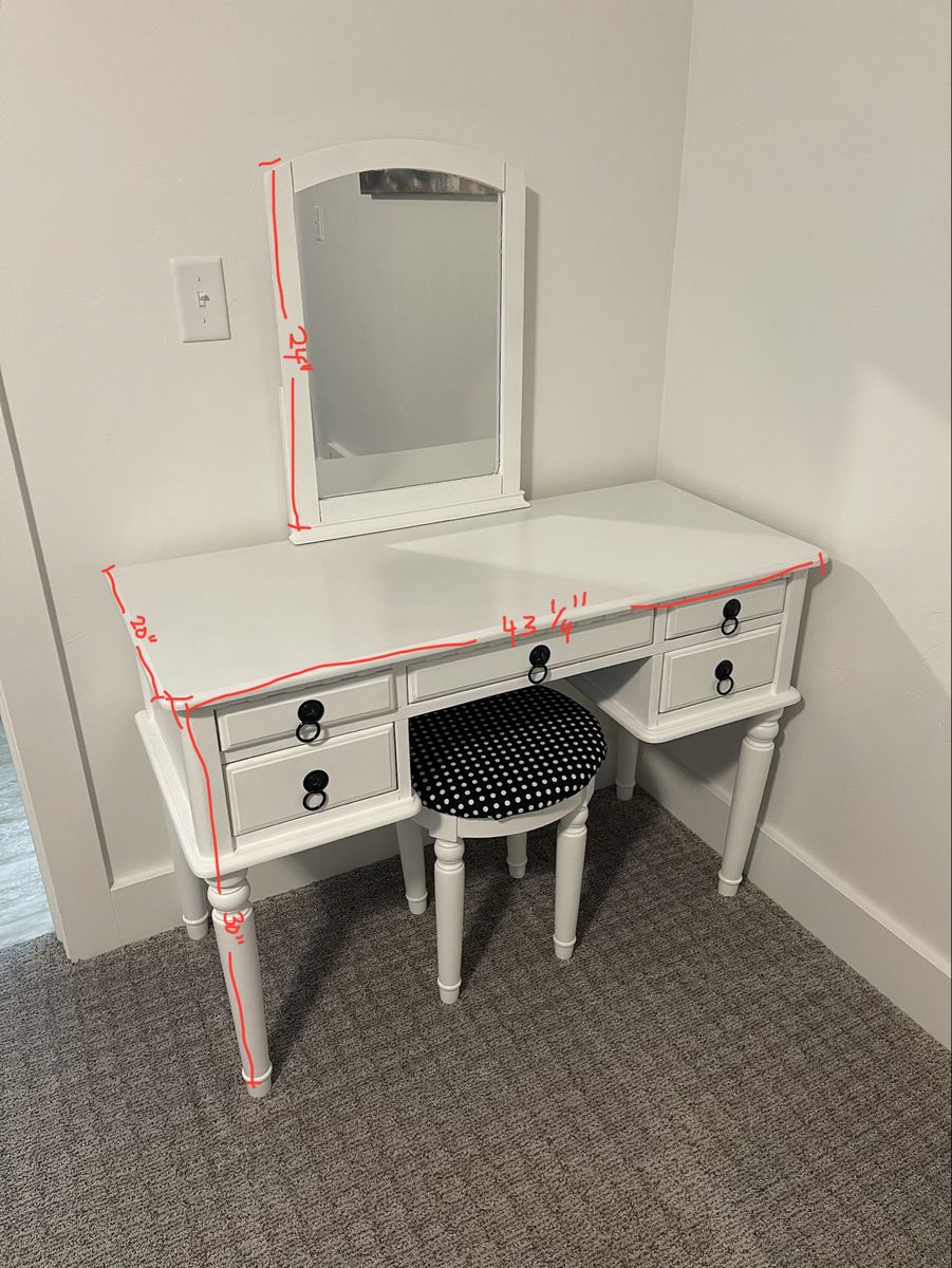 White Vanity Desk w/ Mirror & Stool - 5 Drawers, Elegant Design