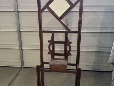 Vintage Wooden Hall Tree with Diamond Mirror and Storage Box