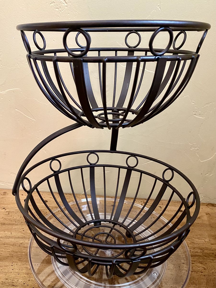 Decorative 2-Tier Metal Storage/Fruit Basket Bowl Display Stand - Dark Brown/Black  - C PIX