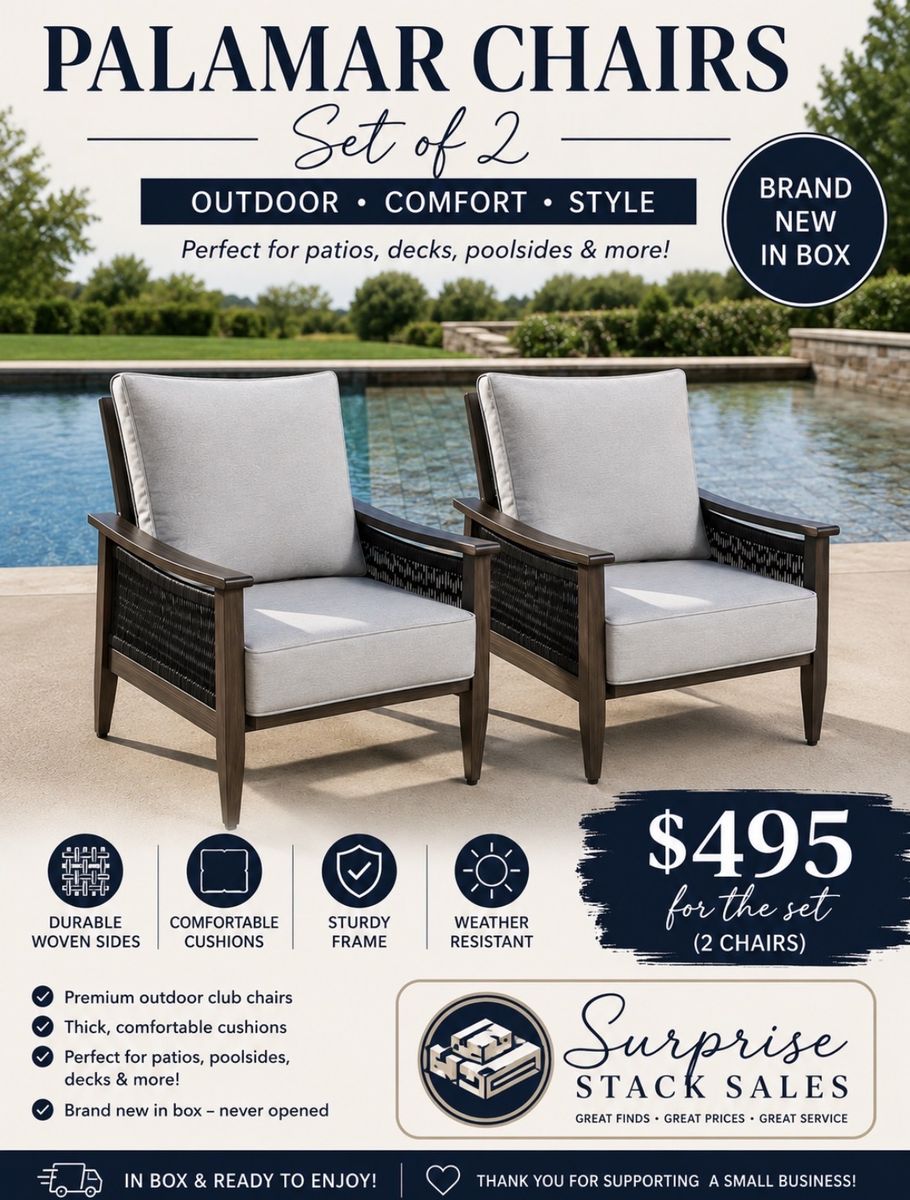Palamar Outdoor Club Chairs - Set of 2, Weather-Resistant with Comfortable Cushions, New In Box