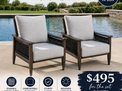Palamar Outdoor Club Chairs - Set of 2, Weather-Resistant with Comfortable Cushions, New In Box