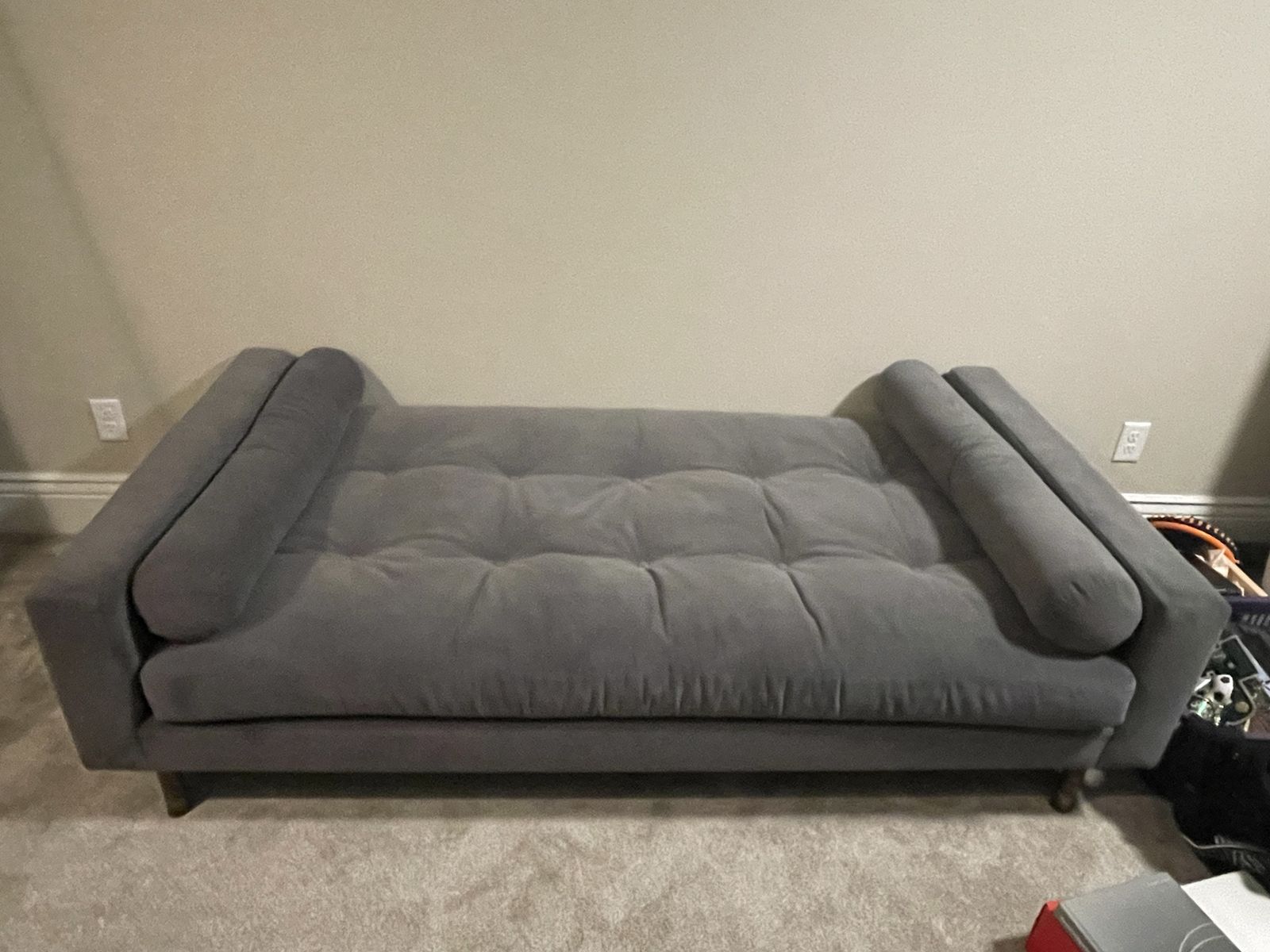 Versatile Gray Tufted Futon Sofa Bed with Removable Bolster Pillows
