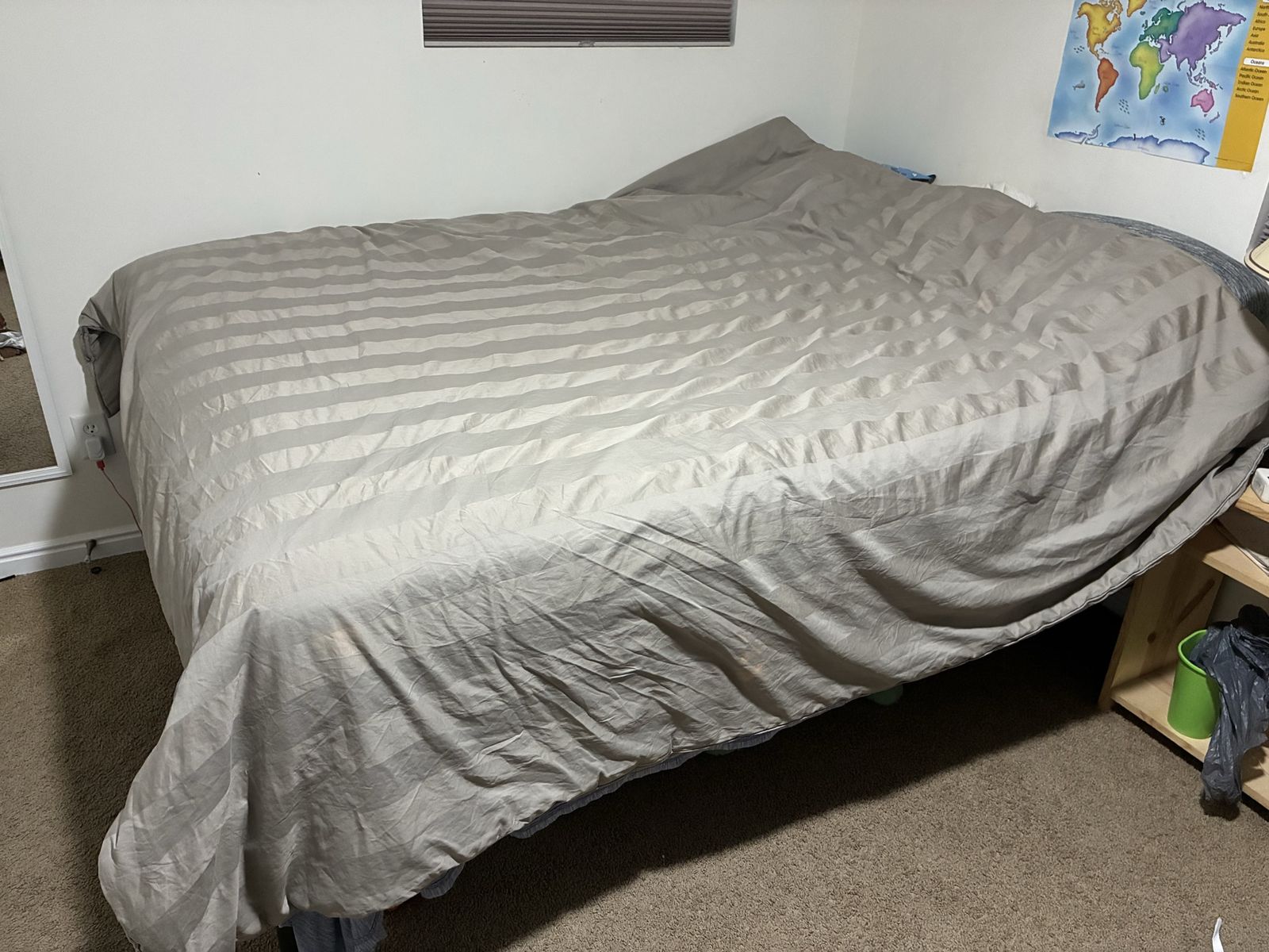 Queen Mattress, frame, and bedding
