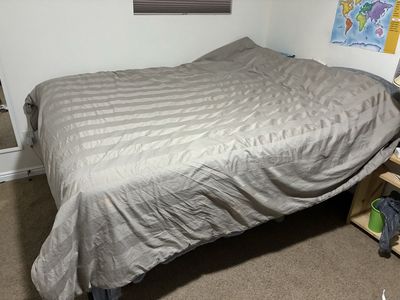Queen Mattress, frame, and bedding