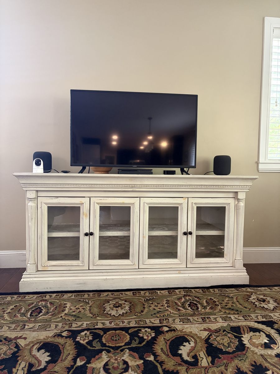 Distressed White Media Console TV Stand with Glass Doors - Shabby Chic Entertainment Center