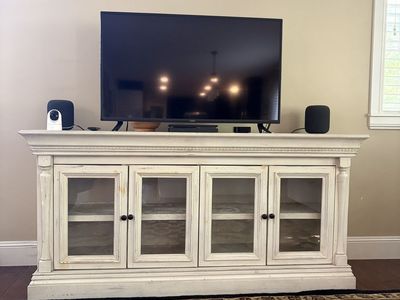 Distressed White Media Console TV Stand with Glass Doors - Shabby Chic Entertainment Center