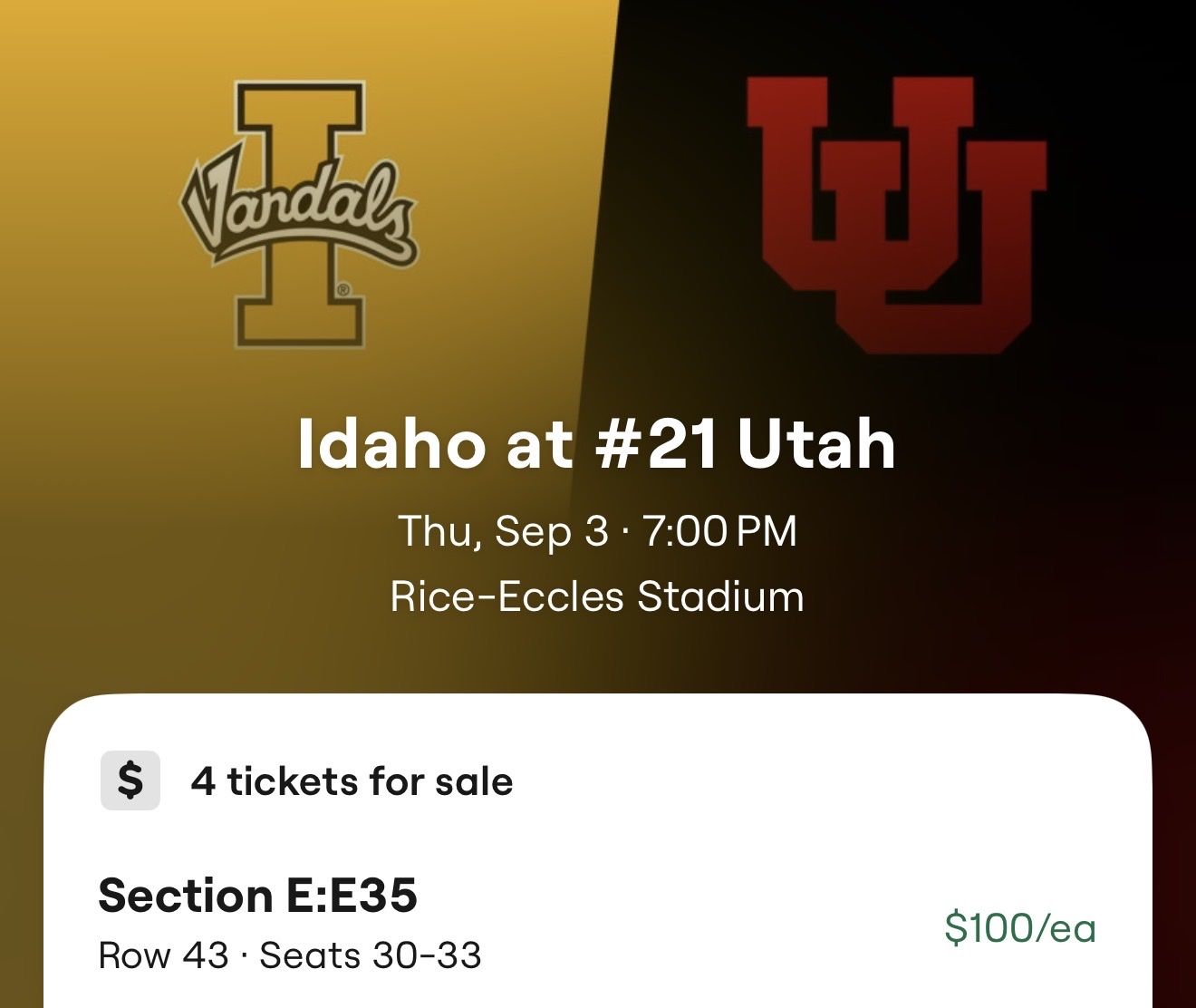 Utah Utes vs Idaho HOME OPENER