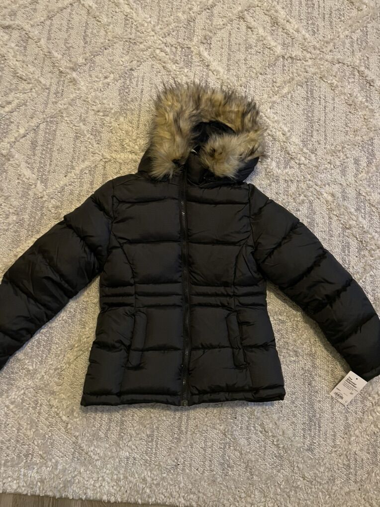 SO black coat with faux fur lined hood 10/12