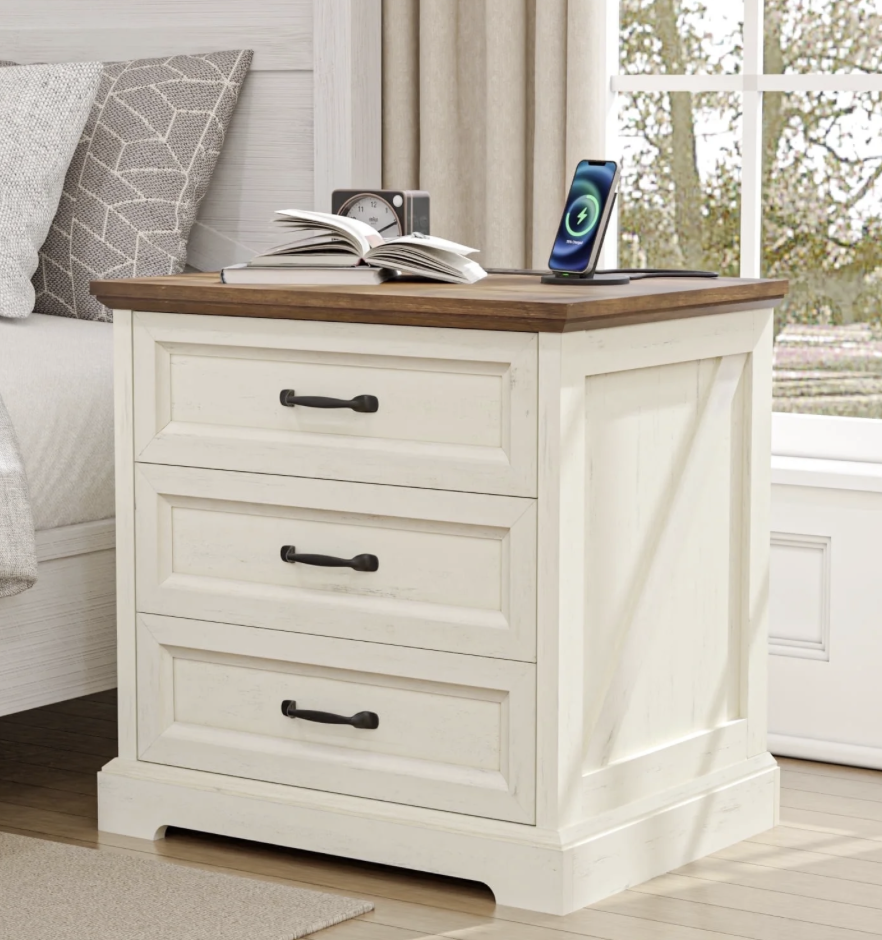 NEW Hommpa Farmhouse 3 Drawers Nightstand with Charging Station 23.6" Tall White with Wood Top