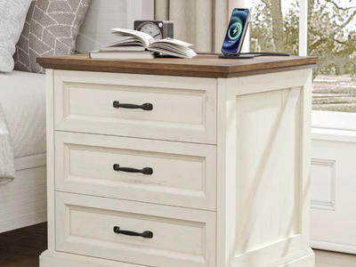 NEW Hommpa Farmhouse 3 Drawers Nightstand with Charging Station 23.6" Tall White with Wood Top