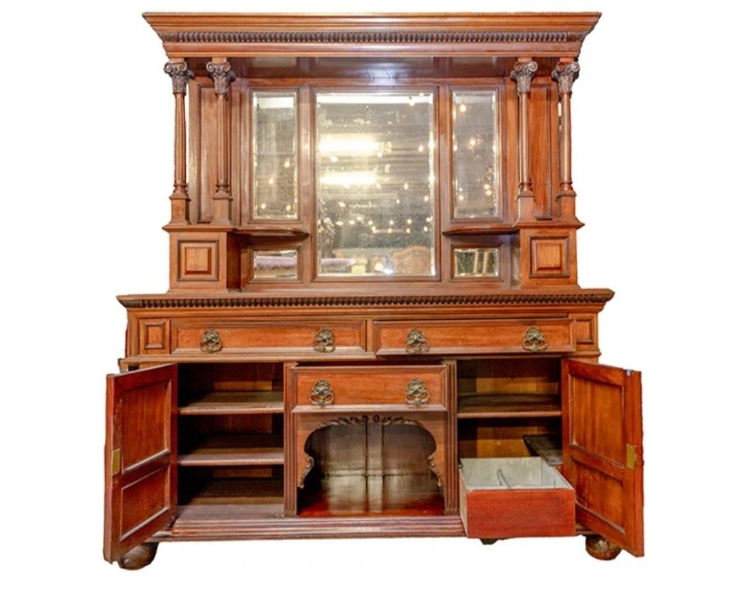 Antique British Walnut & Cherry Saloon Mirrored Buffet/Bar Sideboard Hutch