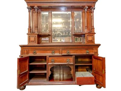 Antique British Walnut & Cherry Saloon Mirrored Buffet/Bar Sideboard Hutch