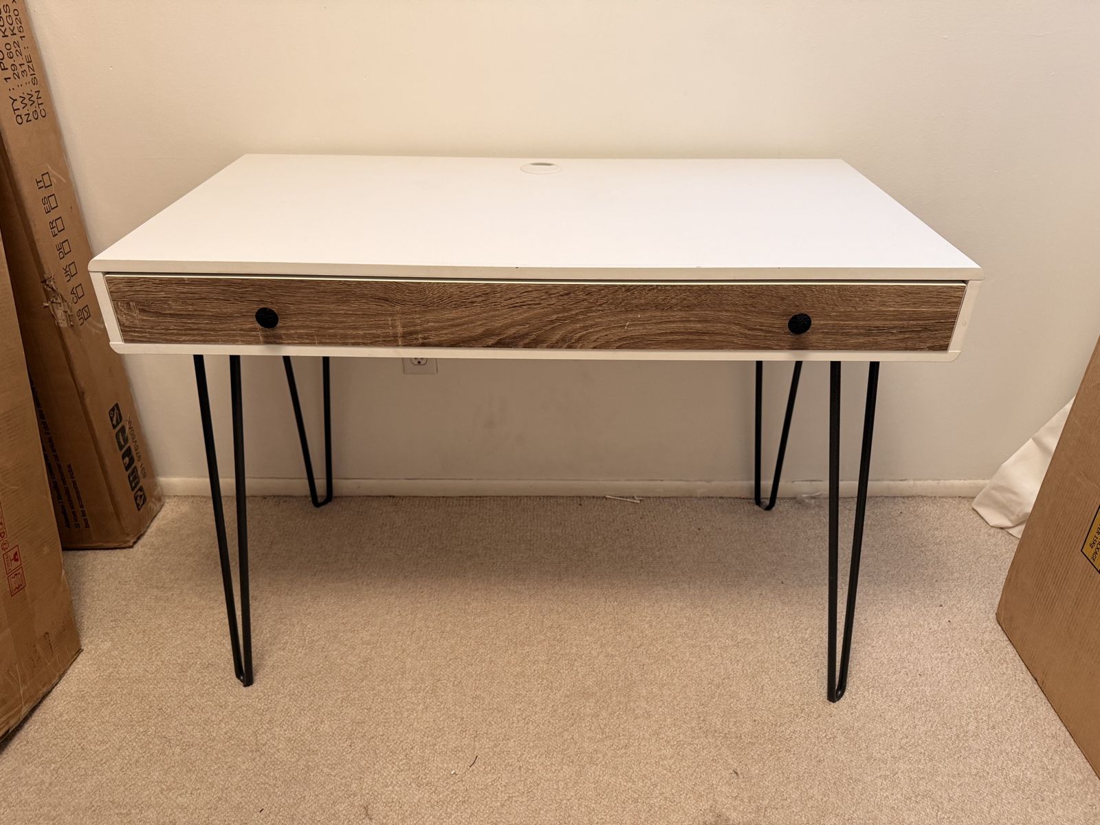 Modern White & Wood Grain Desk with Hairpin Legs and Sliding Drawer