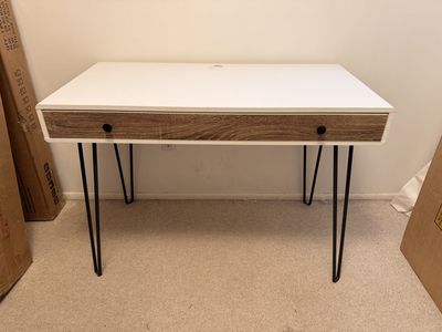 Modern White & Wood Grain Desk with Hairpin Legs and Sliding Drawer