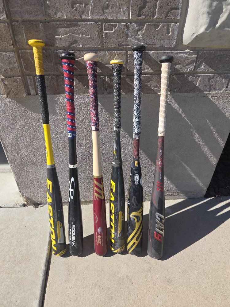 Baseball/Softball Equipment Lot: 6 Bats, Catchers Gear (Mask, Chest Protector, Shin Guards), Bag, Balls