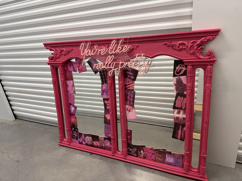 Hot Pink Double-Arch Mirror Frame w/ Neon Sign