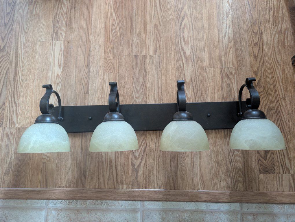 Bronze 4-Light Vanity Fixture with Frosted Bell Shades - Bathroom Light Bar