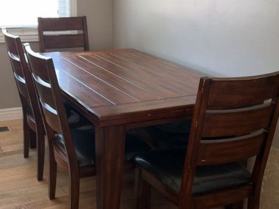 Dark Wood Dining Table and 4 Chairs and Bench - Good Condition, Great for Any Dining Space