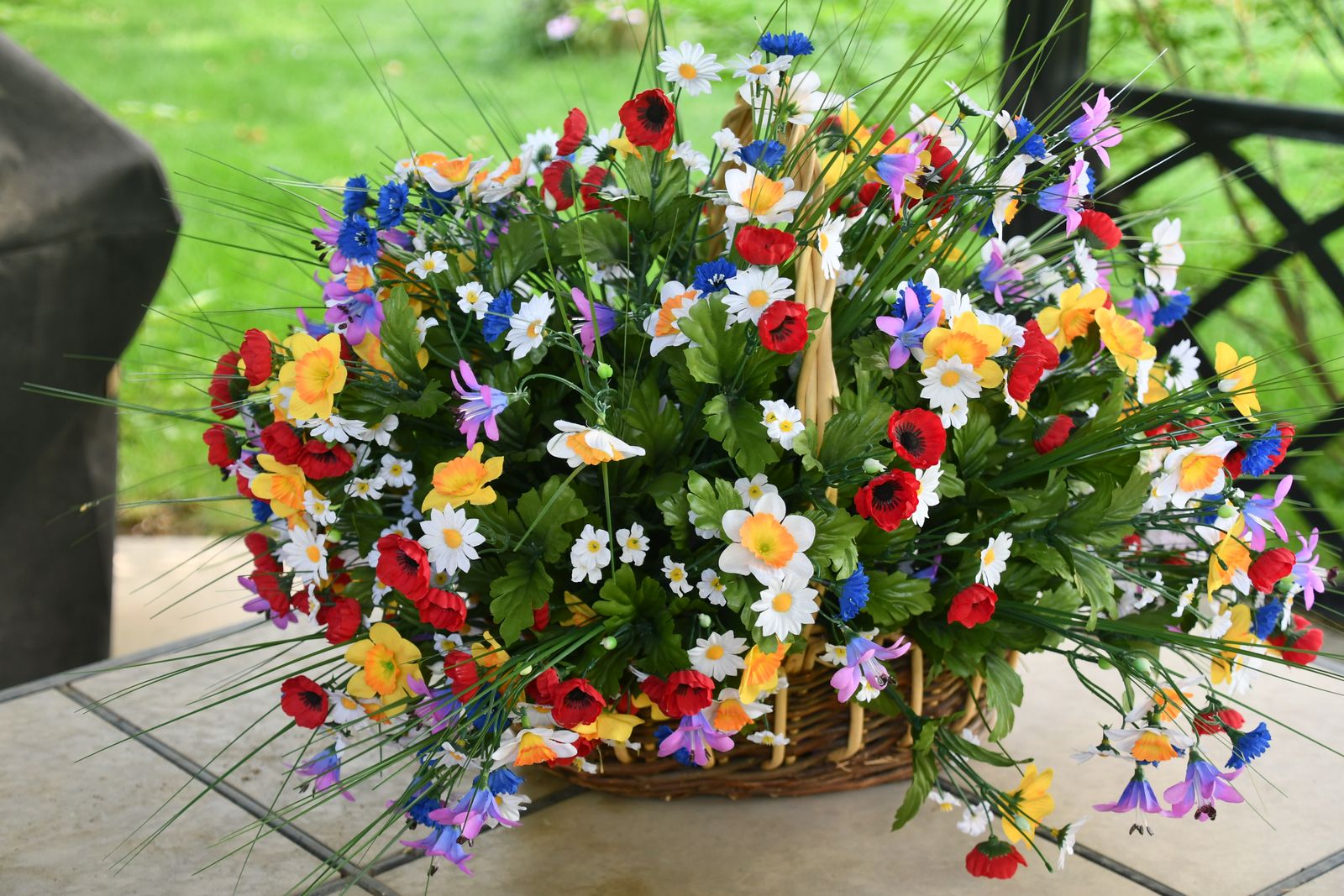 LARGE BASKET of ARTIFICIAL FLOWERS ~ HEIGHT 15" ~ LENGTH 21" ~ BRIGHT, COLORFUL & CLEAN!