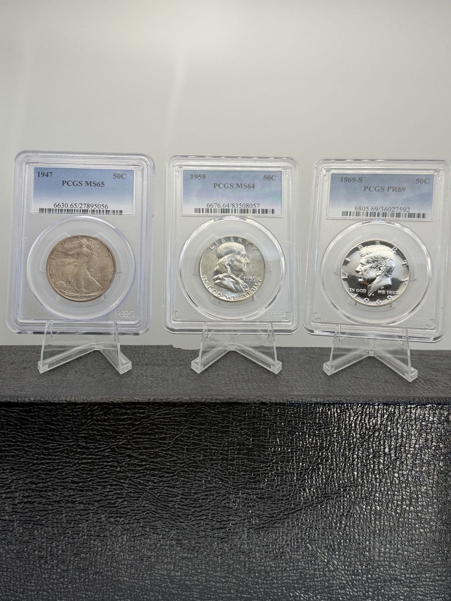 PCGS Graded 50c Half Dollar Coin Set - 1947 MS65, 1959 MS64, 1969-S PR69 - Collectible US Coins