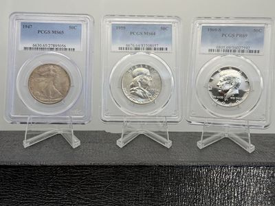 PCGS Graded 50c Half Dollar Coin Set - 1947 MS65, 1959 MS64, 1969-S PR69 - Collectible US Coins