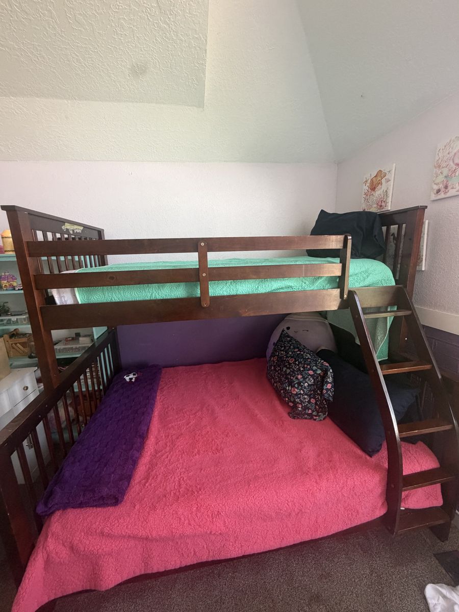 Convertible Twin over Full Bunk Bed - Dark Wood finish.