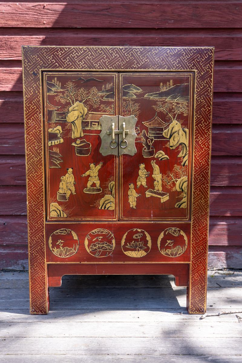 Rare Pair Antique Chinese Red Lacquer Cabinets Chinoiserie 1800s