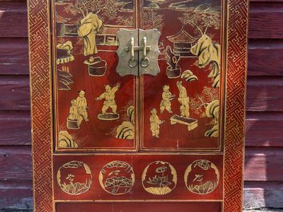 Rare Pair Antique Chinese Red Lacquer Cabinets Chinoiserie 1800s
