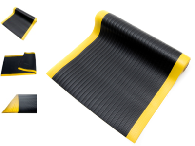 Antifatigue Mat, 60 ft. L x 3 ft. W, 3/8 in Thickness, Ribbed, Black/Yellow