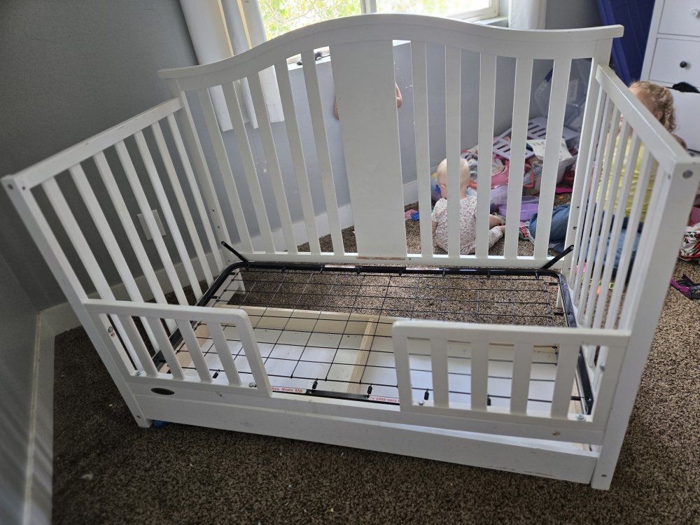 White Wooden Toddler Bed Frame - Used with Minor Wear, Child Safety Rails Included