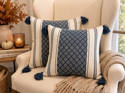 Decorative Throw Pillows with Blue Geometric Pattern and Tassels Set of 2