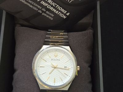 Bulova 97D116 Two-Tone Silver & Gold Watch - NEW - White Waffle Dial