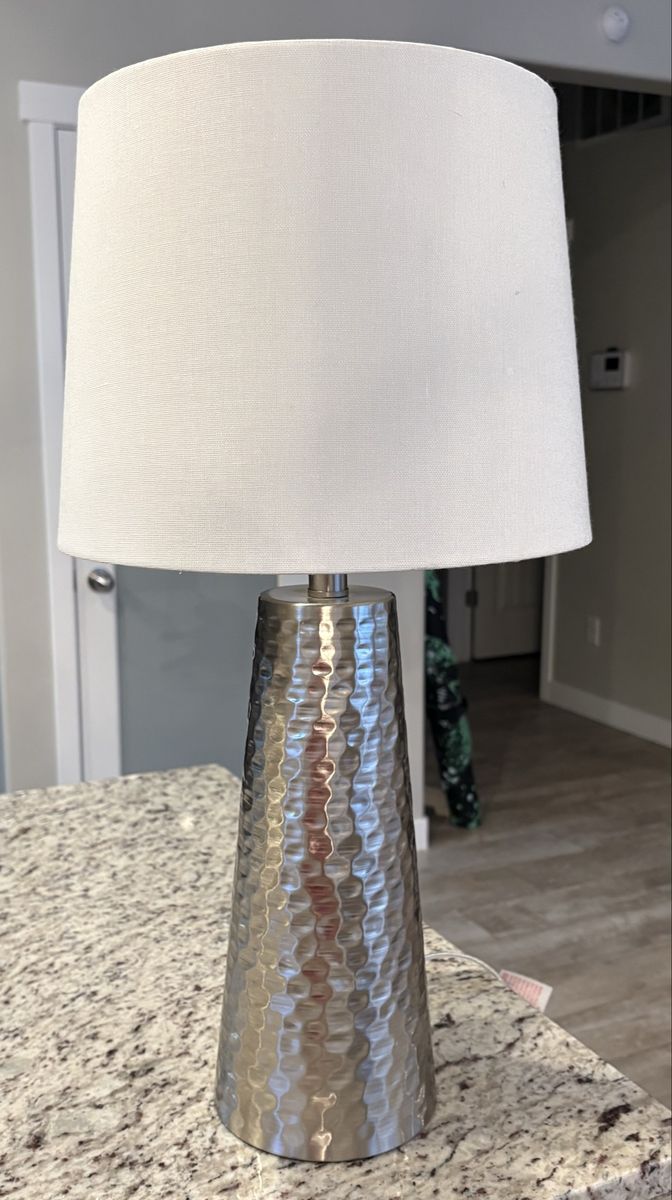 Hammered Silver Table Lamp with White Fabric Shade - Modern Accent Light