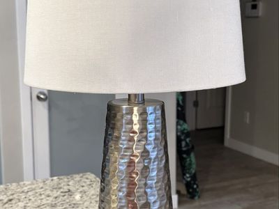 Hammered Silver Table Lamp with White Fabric Shade - Modern Accent Light
