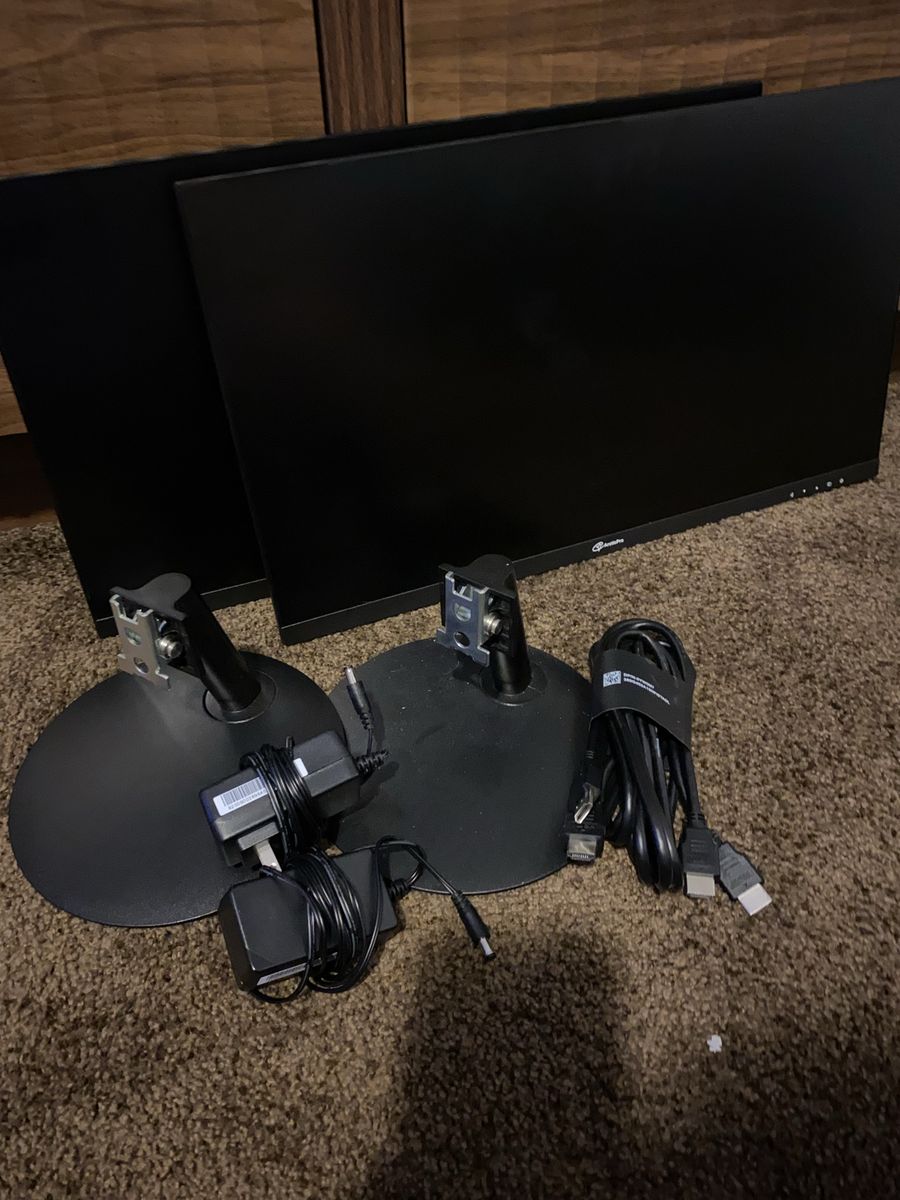 2x ArcticPro Black Computer Monitors w/ Stands & Cables - Dual Display Setup