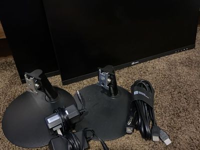 2x ArcticPro Black Computer Monitors w/ Stands & Cables - Dual Display Setup