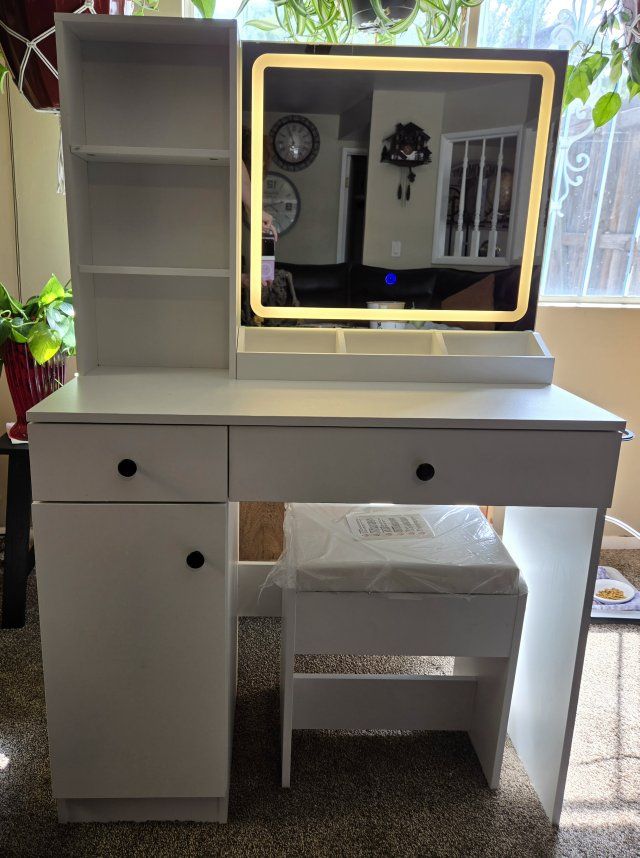 White Vanity Desk with LED Lighted Mirror and Matching Stool