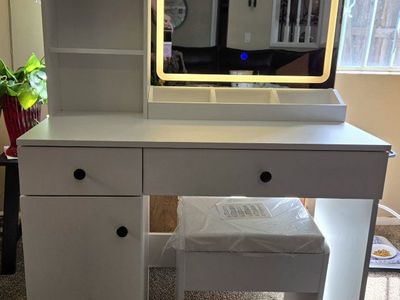 White Vanity Desk with LED Lighted Mirror and Matching Stool