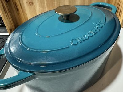 Crock-Pot 7 Quart Oval Enamel Cast Iron Covered Dutch Oven Slow Cooker, Teal $24