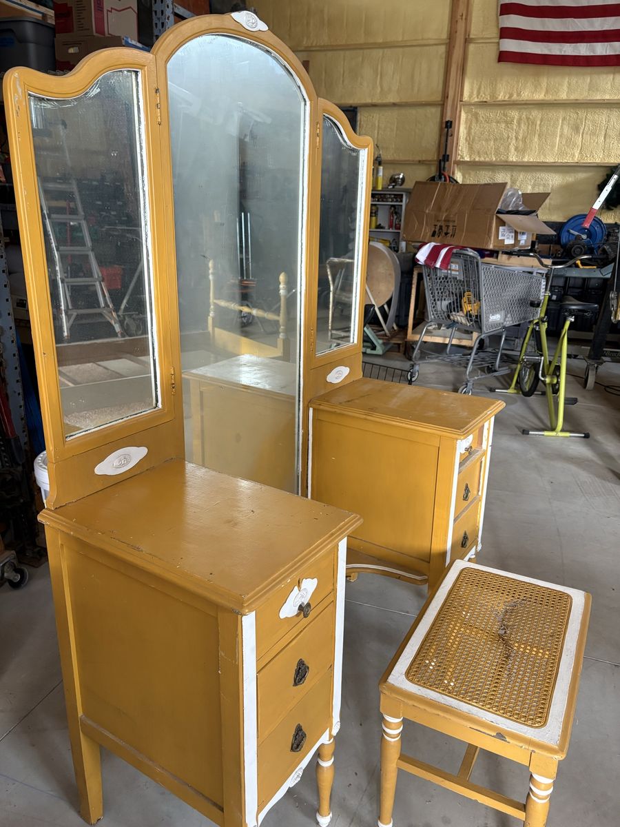 Vintage Yellow Tri-Fold Vanity Set with Mirror and Cane Bench