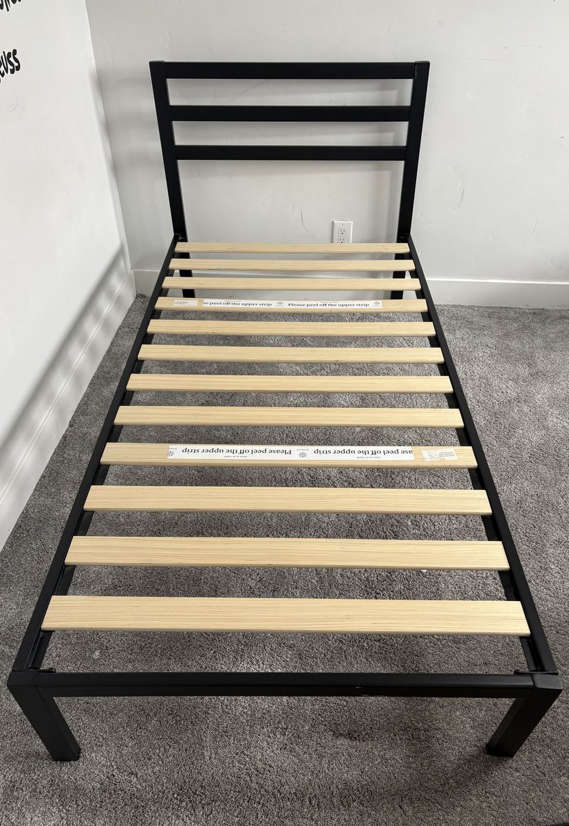 Twin Size Black Metal Platform Bed Frame with Headboard and Wooden Slats