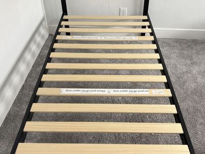 Twin Size Black Metal Platform Bed Frame with Headboard and Wooden Slats