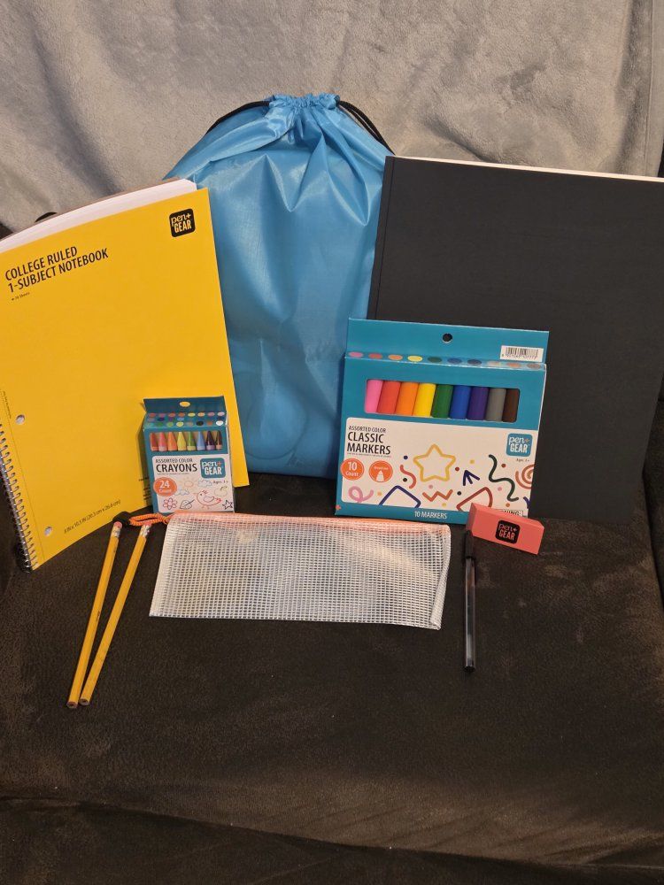Dot & Gear School Supplies Bundle: Notebook, Crayons, Markers, Pencils & ERASER Drawstring Bag & Folder 2 pencils ️ 1 pen