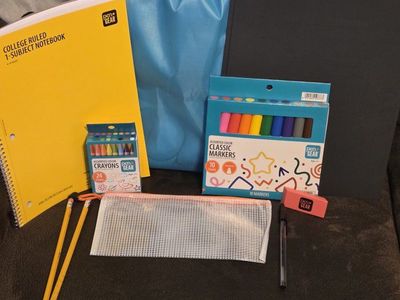 Dot & Gear School Supplies Bundle: Notebook, Crayons, Markers, Pencils & ERASER Drawstring Bag & Folder 2 pencils ️ 1 pen
