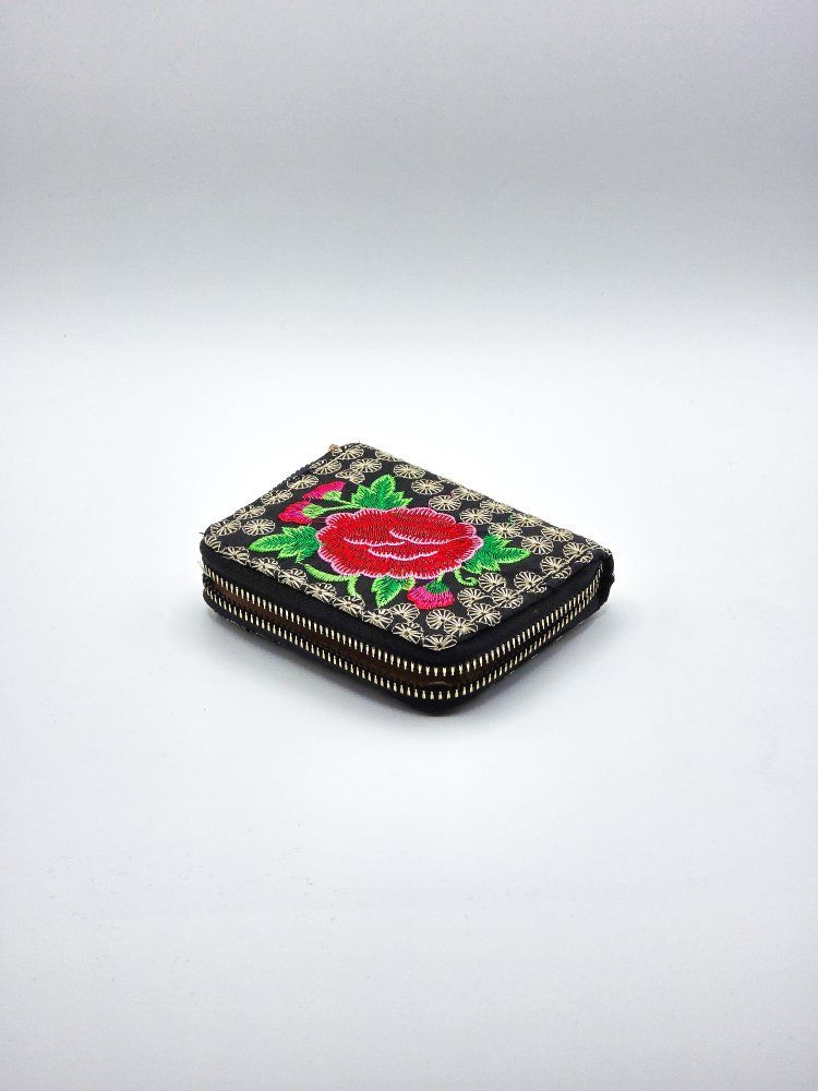 Black Embroidered Rose Zipper Wallet Pouch from Me