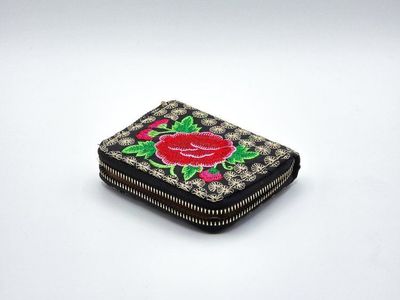 Black Embroidered Rose Zipper Wallet Pouch from Me