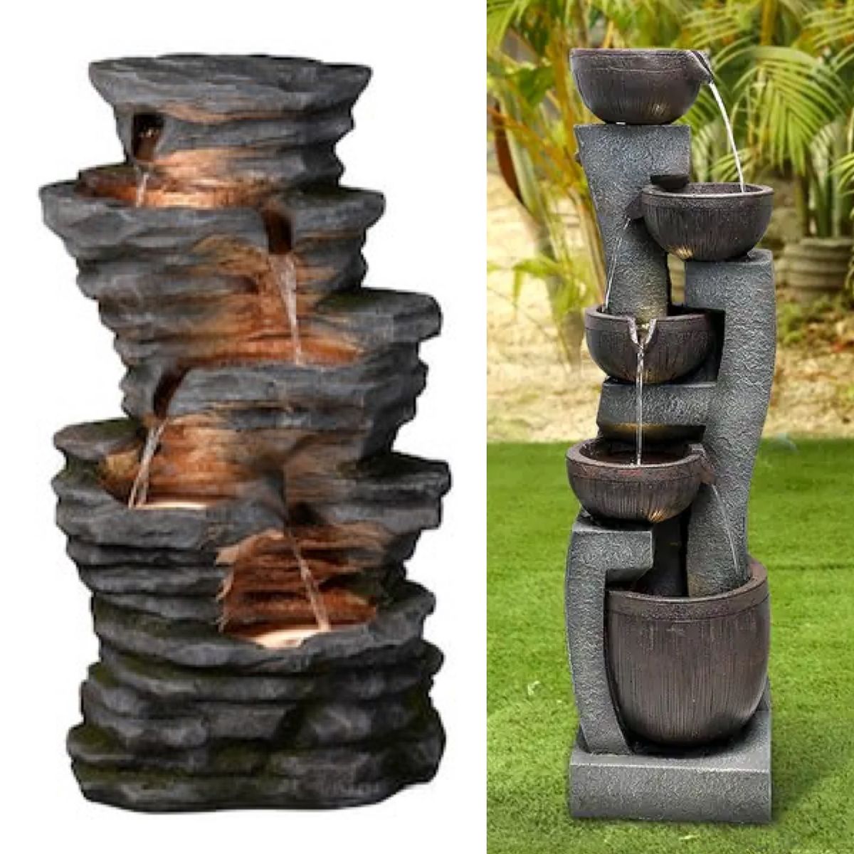 New Outdoor Water Fountain - Garden Rock Waterfall or Tiered Bowl Feature - Patio Decor