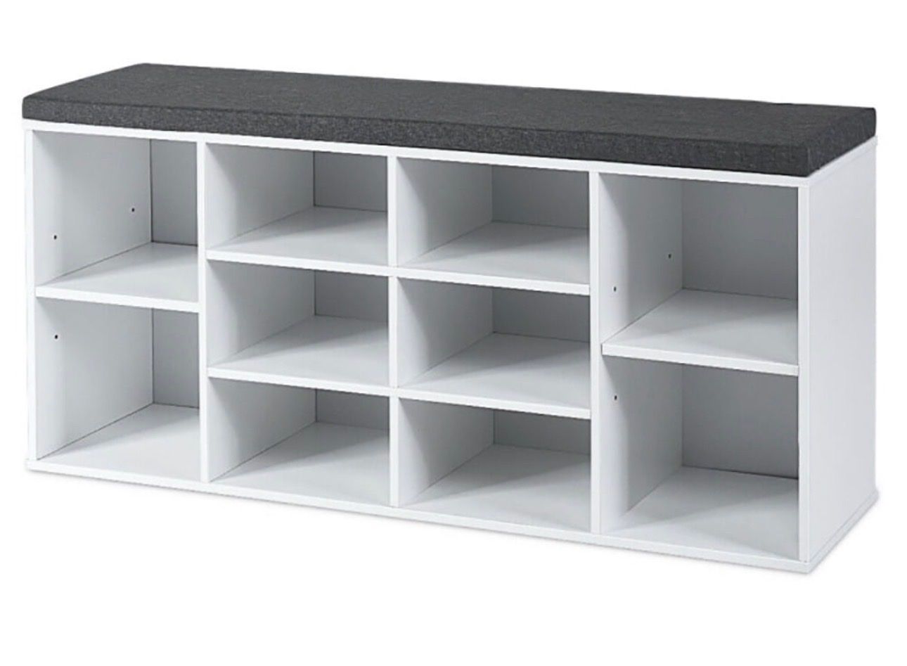 Brand new White Wood Shoe Storage Bench with 10 Cubbies & Grey Cushion,