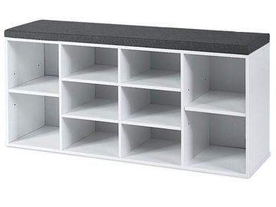 Brand new White Wood Shoe Storage Bench with 10 Cubbies & Grey Cushion,