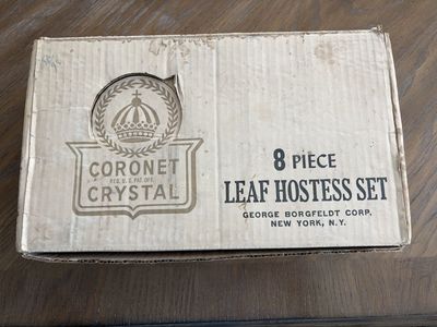Coronet Crystal 8-Piece Leaf Hostess Set - Vintage Glass Snack Plates & Cups, George Borgfeldt Corp.